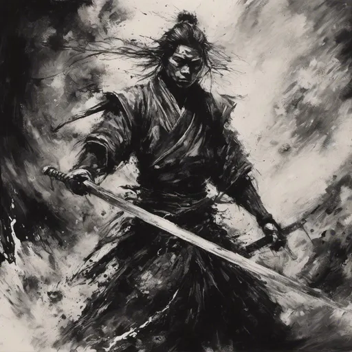 Prompt: <mymodel>Monochrome oil painting of a samurai wielding a dual-natured sword, half engulfed in fiery blaze, half drenched in cool water, high contrast, detailed brushwork, dynamic lighting, monochrome, oil paint-style, fiery blaze, cool water, high quality
