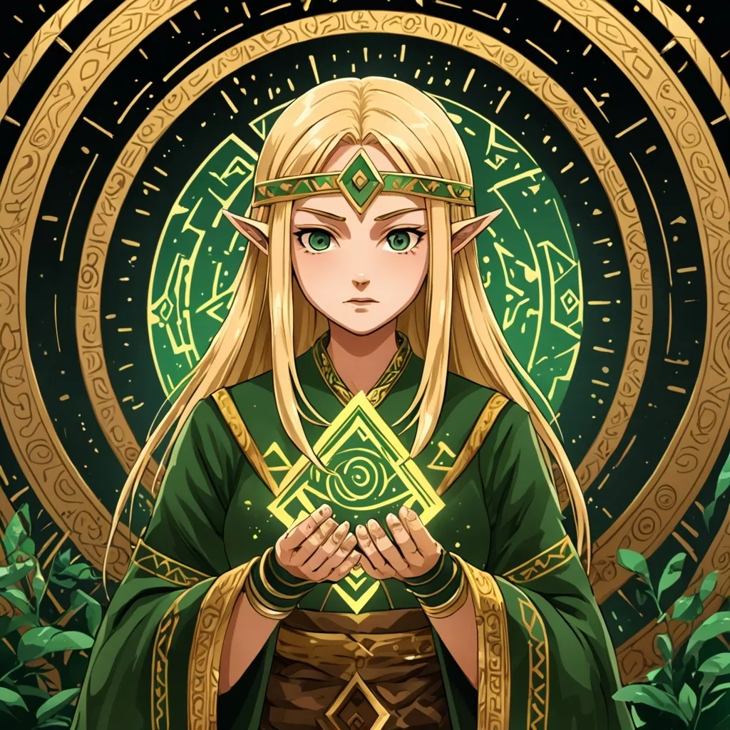 Prompt: Create an image of Zelda from *Tears of the Kingdom* using the Recall Rune. Zelda is depicted with her blond hair cascading down, wearing traditional Zonai clothing. Her outfit is a mix of brown earthy tones, with a flowing, asymmetrical design featuring intricate, geometric patterns inspired by ancient Zonai architecture. The cloth is adorned with subtle green and gold accent jewlry, resembling the natural elements and mystical aura of the Zonai tribe. She is surrounded by a soft, golden glow emanating from the Recall Rune in her hand, which features the swirling gold symbol of the circular rune of lines and dots hovering between her hands. Her expression is focused and calm as she channels the rune's power. The background showcases a lush, ancient forest and mountain range which was split in two with a golden line as the environment subtly shifts backward in time under the influence of the rune.