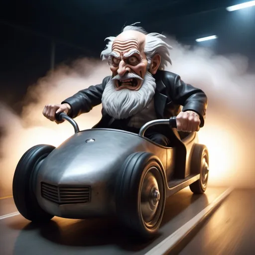 Prompt: 
A wall of twirling fog covering the entire canvas. A lightning-patterned bumpercar rushes through it. A caricatured really old man with crazy face sits in the cockpit, gripping the wheel and looking ahead with huge popping eyes. His long beard flutters behind him. Grim Reaper chases after him. Motion blur. Bokeh. Hyperrealistic HD, high speed action camera