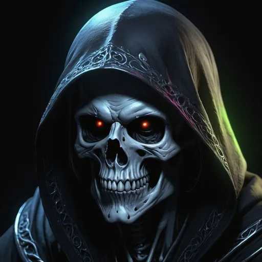 Prompt: 
A hyperrealistic image of an ultrarealistic intricately detailed grim reaper drawn in the style of Simon Bisley, triadic colors glowing fluorescent under black light UV, representing a masterful piece of dark fantasy concept art, created by the talented hand of Greg Rutkowski, with advanced lighting techniques, hyper-detailed texture, trending on ArtStation, ultra-fine, dramatic lighting, Ray Traced, TXAA, OpenGL-Shaders