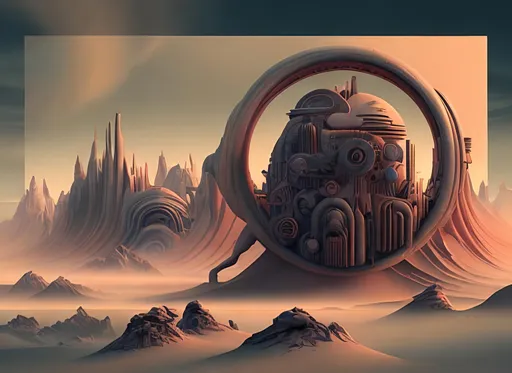 Prompt: a surreal futurist landscape looking mysterious and scary, digital art