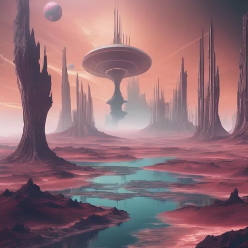 Prompt: A surreal futurist landscape on an extraterrestrial planet, looking mysterious and scary, divital art