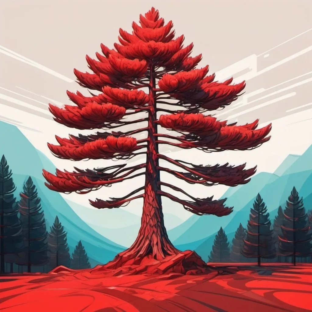 Prompt: A red pine tree in futurism art style 