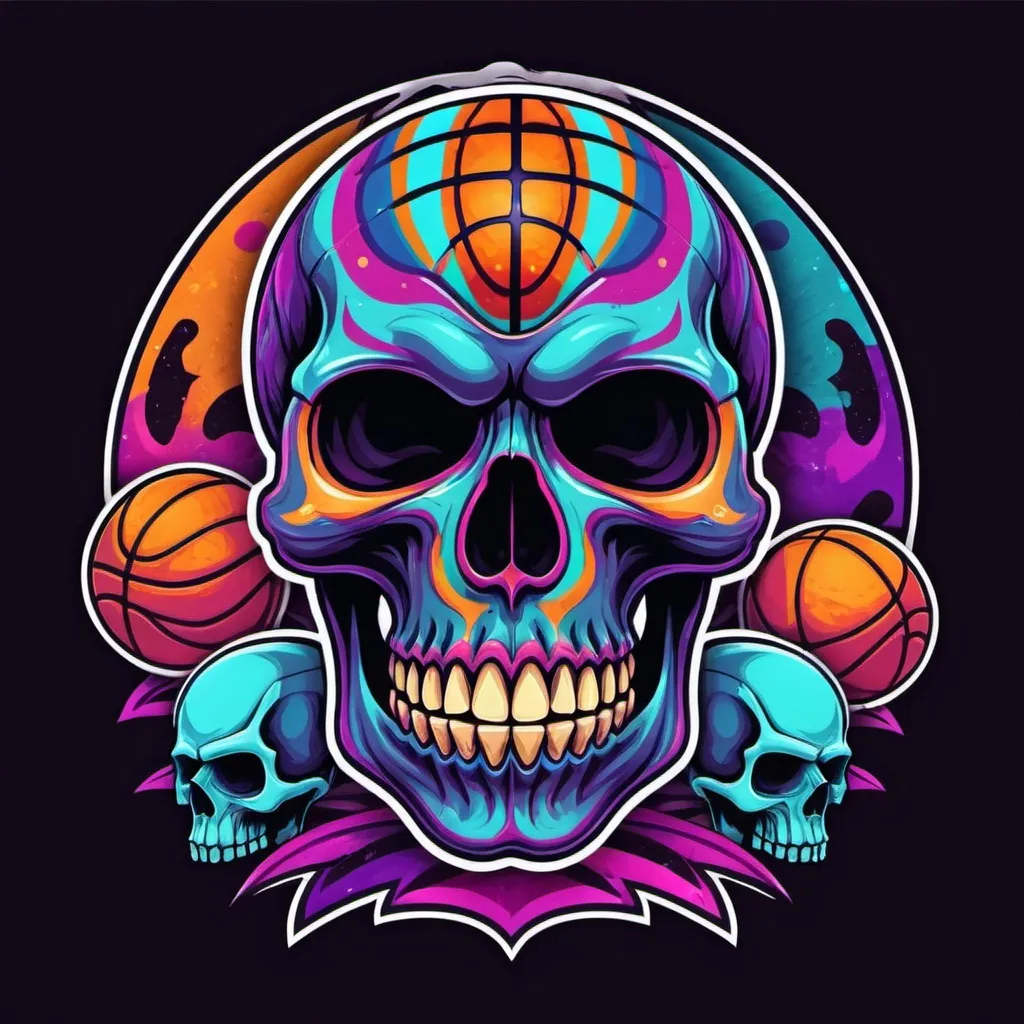 Prompt: Psychedelic colorfull skull basketball team logo