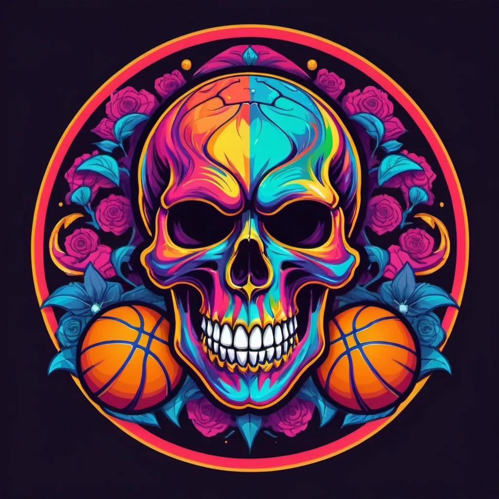 Prompt: Psychedelic colorfull skull basketball team logo