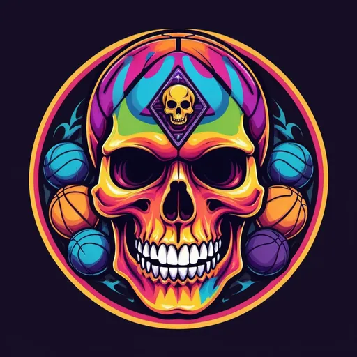 Prompt: Psychedelic colorfull skull basketball team logo