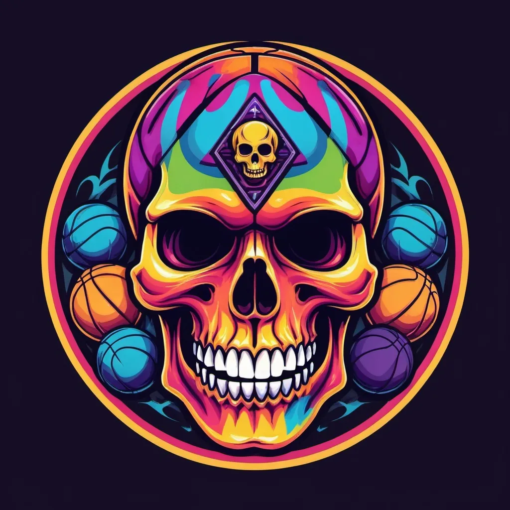 Prompt: Psychedelic colorfull skull basketball team logo