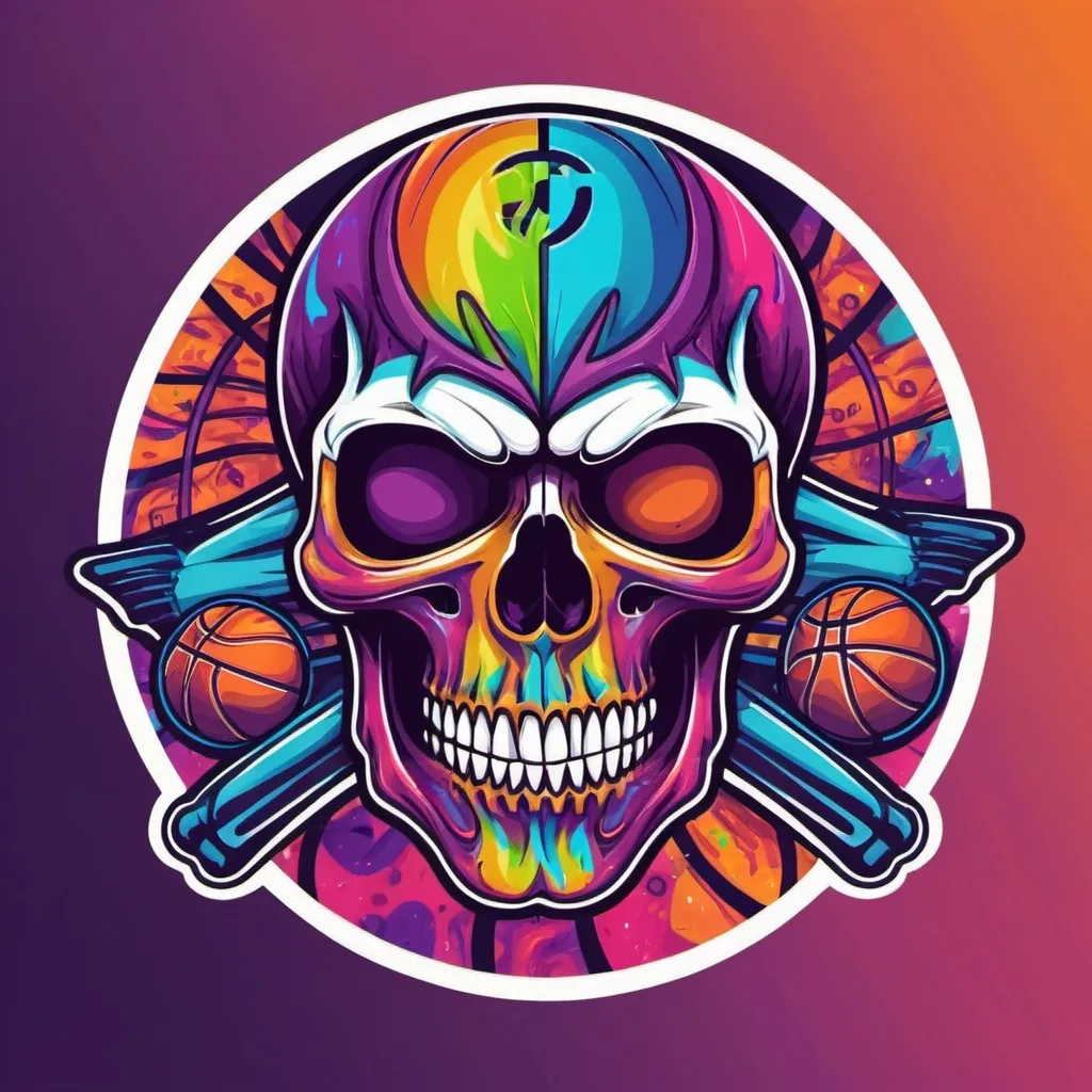 Prompt: Psychedelic colorfull skull basketball team logo