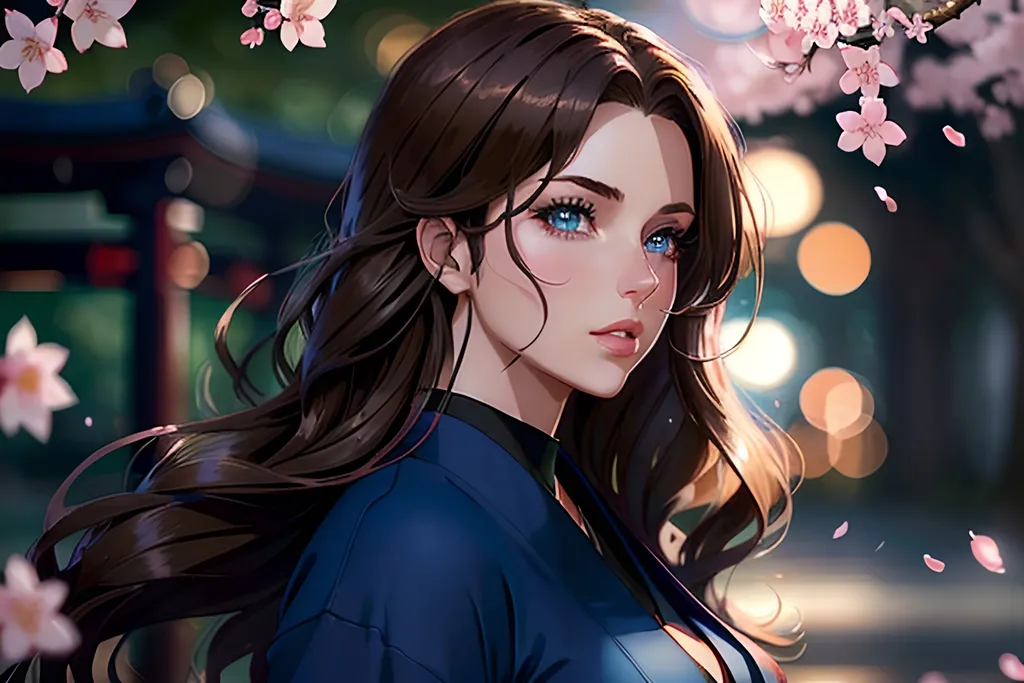 Prompt: portrait at dusk of #K8Fic# woman as pretty shinobi ninja from the Hidden Leaf Village, wearing navy and olive casual attire, full round lips, large blue eyes, detailed face, long layered coppery-brown hair, wavy shiny supermodel hair cascading down her back, hyper-realistic, splash art, romantic lighting, bokeh effect, Japanese park, cherry blossom