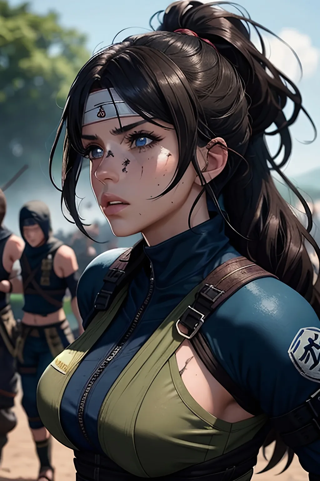 Prompt: cinematic portrait of  #K8Fic# woman  as pretty shinobi ninja from the Hidden Leaf Village, bruised and beaten fighter, dirty, torn clothes, cuts and bruises, wearing navy and olive drab shinobi tactical gear, full round lips, large blue eyes, detailed face, long layered dark brown hair, wavy shiny supermodel hair cascading down her back, training for battle, intense focused expression expression, candid shot, hyper-realistic, splash art, dramatic lighting, bokeh effect, war encampment in the background