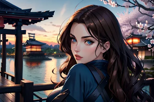 Prompt: portrait at dusk of #K8Fic# woman as pretty shinobi ninja from the Hidden Leaf Village, wearing navy and olive casual attire, full round lips, large blue eyes, detailed face, long layered coppery-brown hair, wavy shiny supermodel hair cascading down her back, hyper-realistic, splash art, romantic lighting, bokeh effect, Japanese park, cherry blossom