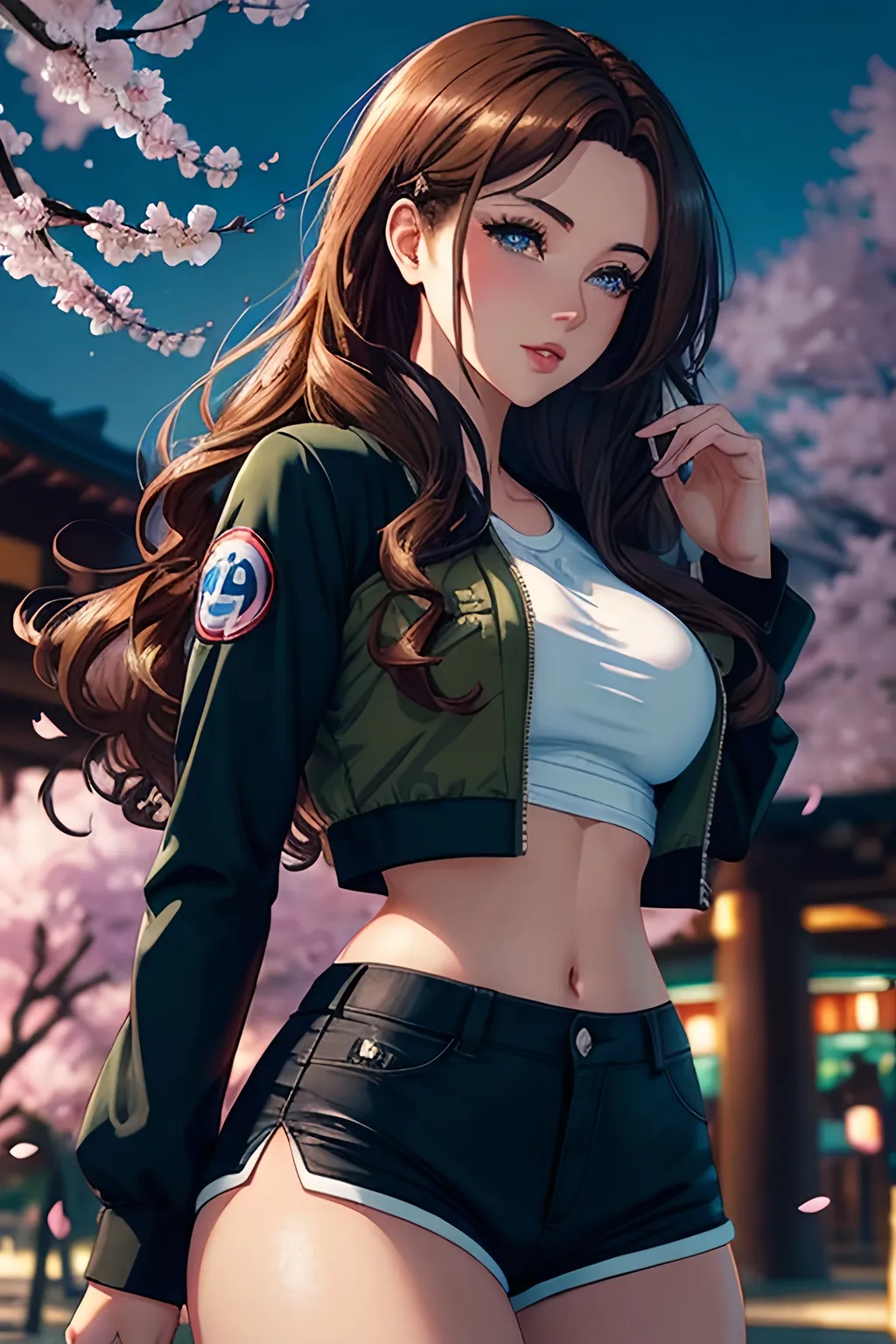 Prompt: portrait at dusk of #K8Fic# woman as pretty shinobi ninja from the Hidden Leaf Village, wearing white tight-fitting navy t-shirt, olive drab jacket, olive drab shorts, full round lips, large blue eyes, detailed face, long layered coppery-brown hair, wavy shiny supermodel hair, half pinned up, cascading down her back, hyper-realistic, splash art, romantic lighting, bokeh effect, Japanese park, cherry blossom