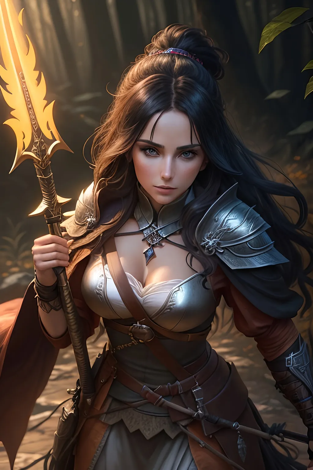 Prompt: portrait of #K8Fic# woman as beautiful shinobi sorceress, holding a barbed spear in front of misty forest at orange sunrise and killing a wolf, dark fantasy, hyper realistic, hdr, micro details, anime details, perfect compensition western battle background, perfect composition, hyperrealistic, render, super detailed, 8k, high quality, trending art, trending on artstation, sharp focus, studio photo, intricate details, highly detailed, creative, hair, fan art, glistening, refracting, leaves