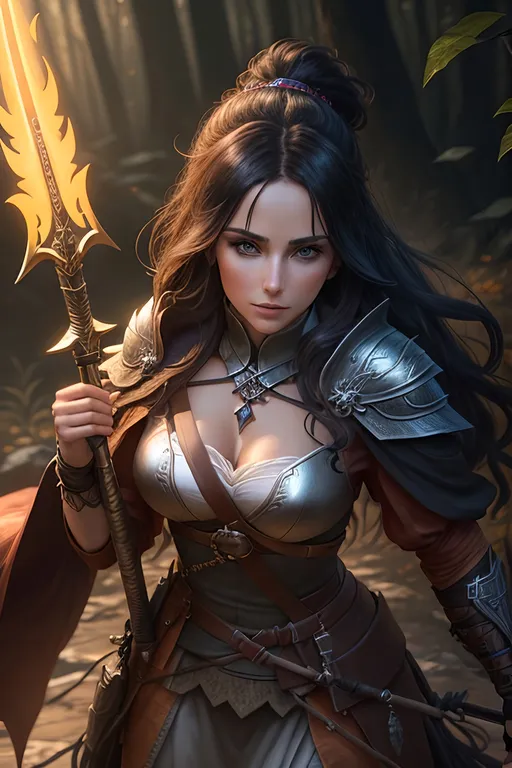 Prompt: portrait of #K8Fic# woman as beautiful shinobi sorceress, holding a barbed spear in front of misty forest at orange sunrise and killing a wolf, dark fantasy, hyper realistic, hdr, micro details, anime details, perfect compensition western battle background, perfect composition, hyperrealistic, render, super detailed, 8k, high quality, trending art, trending on artstation, sharp focus, studio photo, intricate details, highly detailed, creative, hair, fan art, glistening, refracting, leaves