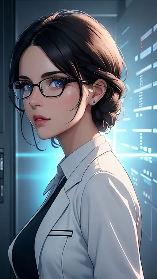 Prompt: portrait of #K8Fic# woman as beautiful sophisticated female doctor, wearing dark pencil skirt, low cut top, white doctor's lab coat, white high heel pumps, thin black glasses, full round lips, large blue eyes, detailed face, long layered dark brown hair, wavy shiny supermodel hair cascading down her back, hyper-realistic, splash art, romantic lighting, hospital exam room background with x-rays, intricate details, 8k, cinematic volumetric light, proportional,artstation, highly detailed, vibrant, production cinematic character render, ultra high quality model