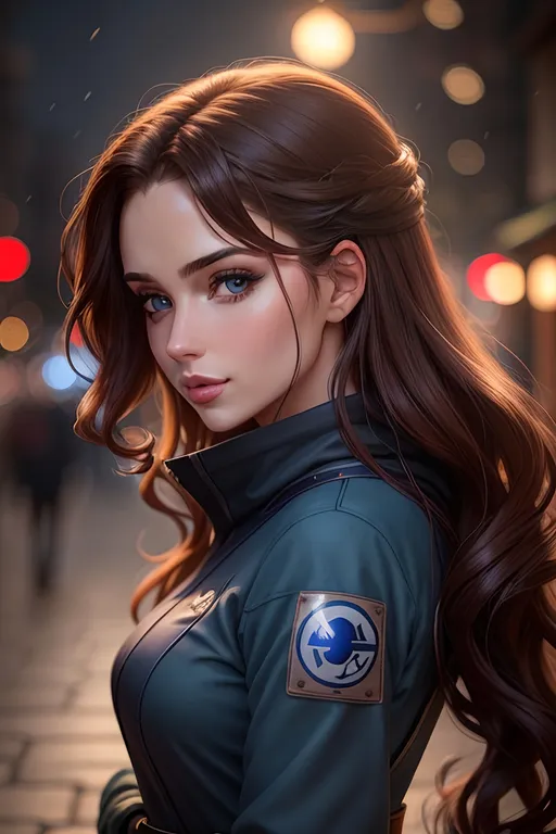 Prompt: portrait at dusk of #K8Fic# woman as pretty shinobi ninja from the Hidden Leaf Village, wearing navy and olive casual attire, full round lips, large blue eyes, detailed face, long layered dark coppery-brown hair, wavy shiny supermodel hair cascading down her back, hyper-realistic, splash art, romantic lighting, bokeh effect, Japanese park, cherry blossom