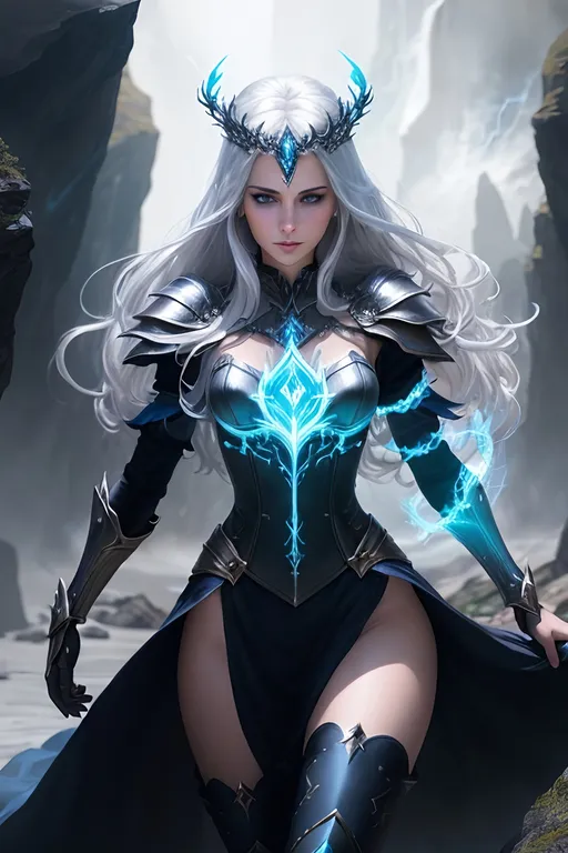 Prompt: Create an AI-generated portrait of  #K8Fic# woman as a powerful sorceress standing on the edge of a jagged cliff, her eyes glowing white and her hands wreathed in blue fire and electricity. The sorceress should have long, flowing brown hair, silvery-blue eyes, and full lips, and should be wearing dark navy blue enchantress armor, intricately detailed boots and thigh holsters, and slim, tight-fitting gauntlets with forearm guards. The composition should be centered on the sorceress, with her arms raised and her hands glowing with blue fire and electricity. The focus should be on her face, with her silvery-blue eyes and full lips clearly visible. The background should be blurred to create a sense of depth and focus on the sorceress. The lighting should be dark and dramatic, with the blue fire and electricity casting a glow on her face. The cliff should be clearly visible in the background, and should be angled so that it creates a sense of depth and perspective. The scene should be straight ahead of her on the cliff, The scene should have a dark fantasy feel. Splash art, front, ((white background)), epic Instagram, artstation, splash style of dark fractal paint, contour, hyperdetailed intricately detailed , unreal engine, fantastical, intricate detail, splash screen, complementary colors, fantasy concept art