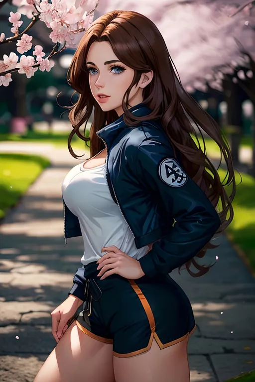 Prompt: portrait at dusk of #K8Fic# woman as pretty shinobi ninja from the Hidden Leaf Village, wearing white tight-fitting navy t-shirt, olive drab jacket, olive drab shorts, full round lips, large blue eyes, detailed face, long layered coppery-brown hair, wavy shiny supermodel hair, half pinned up, cascading down her back, hyper-realistic, splash art, romantic lighting, bokeh effect, Japanese park, cherry blossom