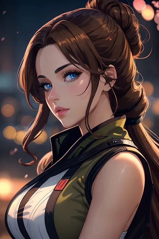 Prompt: portrait at dusk of #K8Fic# woman as pretty shinobi ninja from the Hidden Leaf Village, wearing olive drab casual attire, full round lips, large blue eyes, detailed face, long layered coppery-brown hair, wavy shiny supermodel hair twisted into an intricate elegant updo, hyper-realistic, splash art, romantic lighting, bokeh effect, Japanese park, cherry blossom