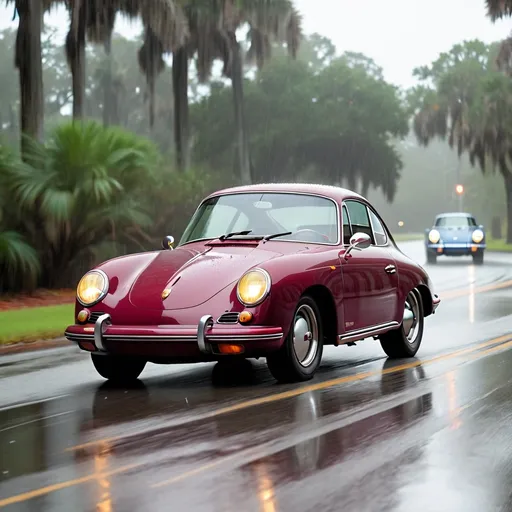 Prompt: a 1970s maroon porsche 356 driving in the tampa bays of florida on a wet rainy day