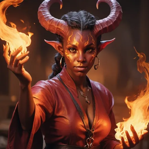 Prompt: hyper-realistic Tiefling character with fire hands, fantasy character art, illustration, dnd, warm tone