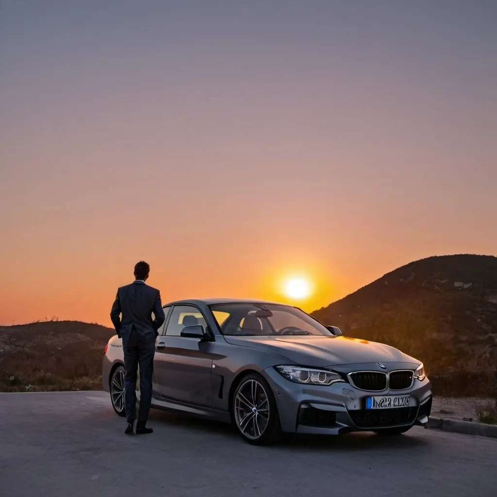 Prompt: sunset and a man siting in his car(bmw) 
