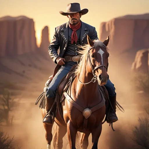Prompt: a super heroe of the wild west riding his horse to save lost cowboys, sunset, macro sharp focus, 8, hyper realistic, cinematic, highly detailed, photoraelistic, clean