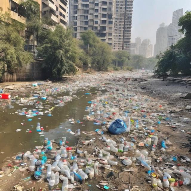 Prompt: extrimely polluted river with plastic botles and bags and trash, hiperealistic