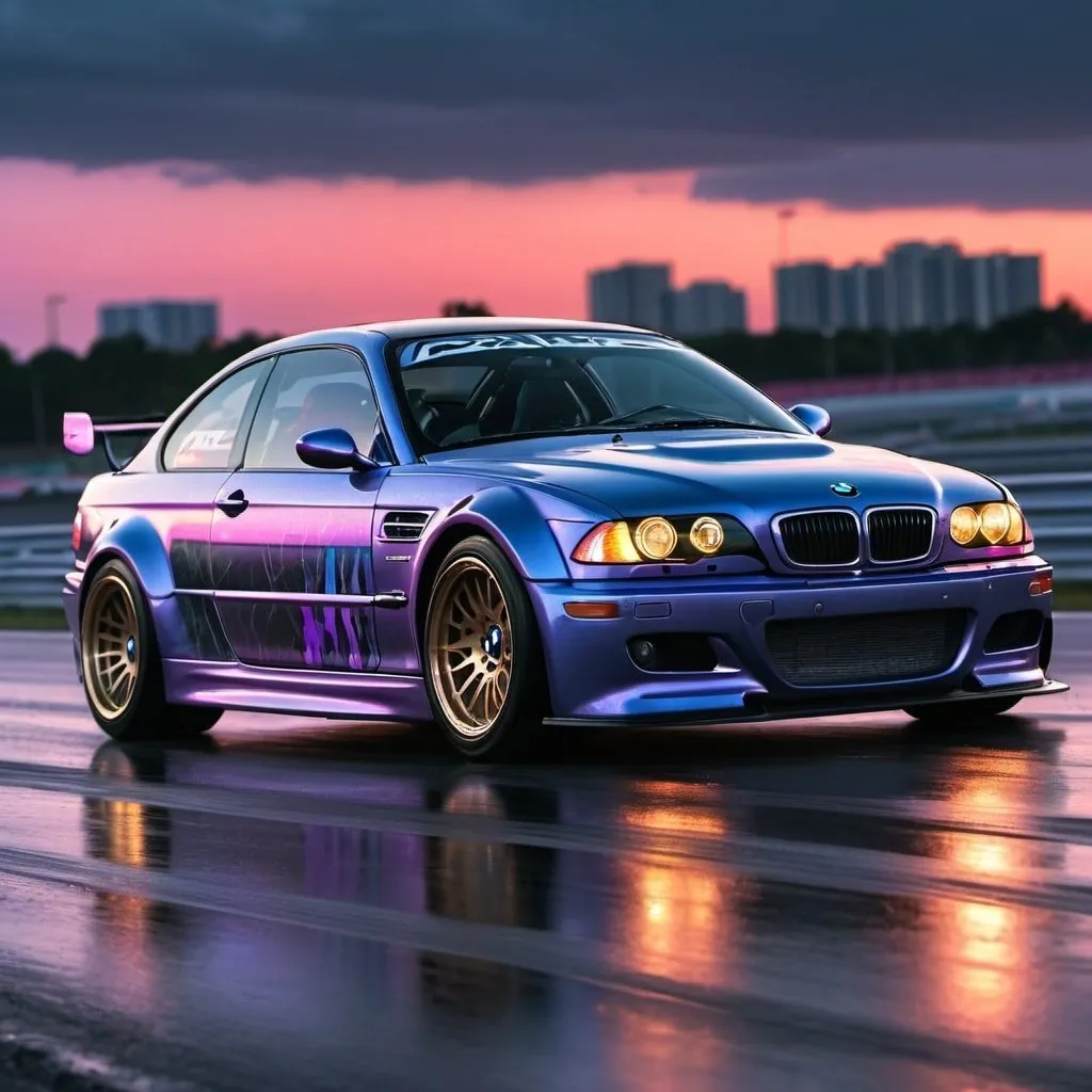 Prompt: 2001 BMW M3 E46 GTR, synthwave, aesthetic cyberpunk, miami, highway, dusk, neon lights, coastal highway, dusk, neon lights, coastal highway, sunset, drift, nurburgring, water on the road, blade runner, 64k, watercolor, macro sharp focus, 8, hyper realistic, cinematic, highly detailed, photoraelistic, clean, formula drift, burnout