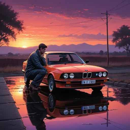 Prompt: The image depicts a nostalgic scene set during a breathtaking sunset, with deep, vibrant hues of orange, purple, and pink dominating the sky. The clouds are thick and dramatic, capturing the light of the setting sun, which appears low on the horizon, partially obscured by the landscape in the distance.

In the foreground, there's a vintage BMW E28 car, beautifully detailed with reflections of the sunset on its sleek, polished surface. The car's headlights are glowing, casting a warm, inviting light. The license plate is marked with the number "Sam-88" adding a touch of realism to the scene. 

A lone figure, possibly reflecting or enjoying the view, is sitting casually on the hood of the car, silhouetted against the vibrant sky. The ground beneath is wet, creating a mirror-like reflection that enhances the surreal, almost dreamlike quality of the image.

The artistic style is highly realistic, yet infused with a sense of romanticism and nostalgia. The use of lighting and color is reminiscent of traditional oil paintings, with rich textures and a focus on atmosphere and emotion. The overall mood of the image is serene and contemplative, capturing a moment of quiet reflection at the close of the day.

Cyberpunk, drawing style, synthwave

a man sitting outside next to the car contemplating life(shadow(siluet man)(light from infront))