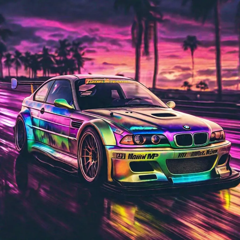 Prompt: 2001 BMW M3 E46 GTR, synthwave, aesthetic cyberpunk, miami, highway, dusk, neon lights, coastal highway, dusk, neon lights, coastal highway, sunset, drift, nurburgring, water on the road, blade runner, 64k, watercolor, macro sharp focus, 8, hyper realistic, cinematic, highly detailed, photoraelistic, clean, formula drift, burnout