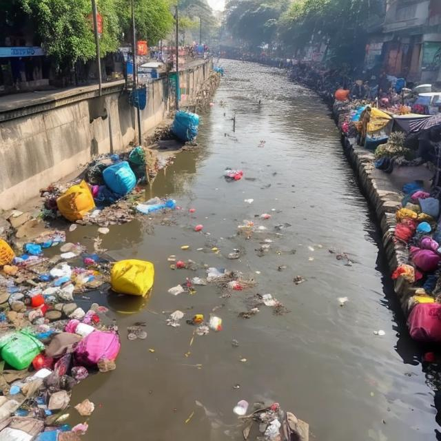 Prompt: extrimely polluted river with plstic bootles and bags, hiperealistic