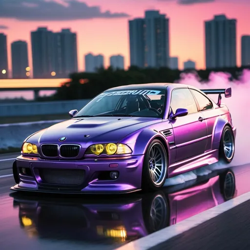 Prompt: 2001 BMW M3 E46 GTR, synthwave, aesthetic cyberpunk, miami, highway, dusk, neon lights, coastal highway, dusk, neon lights, coastal highway, sunset, drift, nurburgring, water on the road, blade runner, 64k, watercolor, macro sharp focus, 8, hyper realistic, cinematic, highly detailed, photoraelistic, clean, formula drift, burnout