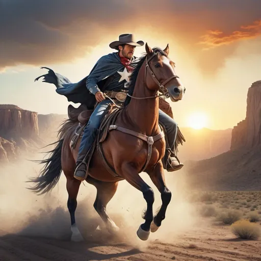 Prompt: a superheroe of the wild west riding his horse to save lost cowboys, , sideways, thunder, sunset, macro sharp focus, 8, hyper realistic, cinematic, highly detailed, photoraelistic, clean, 64k, watercolor