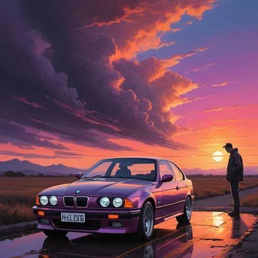 Prompt: The image depicts a nostalgic scene set during a breathtaking sunset, with deep, vibrant hues of orange, purple, and pink dominating the sky. The clouds are thick and dramatic, capturing the light of the setting sun, which appears low on the horizon, partially obscured by the landscape in the distance.

In the foreground, there's a vintage BMW E36 car, beautifully detailed with reflections of the sunset on its sleek, polished surface. The car's headlights are glowing, casting a warm, inviting light. The license plate is marked with the number "MH-FJ 2688," adding a touch of realism to the scene. 

A lone figure, possibly reflecting or enjoying the view, is sitting casually on the hood of the car, silhouetted against the vibrant sky. The ground beneath is wet, creating a mirror-like reflection that enhances the surreal, almost dreamlike quality of the image.

The artistic style is highly realistic, yet infused with a sense of romanticism and nostalgia. The use of lighting and color is reminiscent of traditional oil paintings, with rich textures and a focus on atmosphere and emotion. The overall mood of the image is serene and contemplative, capturing a moment of quiet reflection at the close of the day.

Cyberpunk, drawing style, synthwave

a man sitting outside next to the car contemplating life(shadow(siluet man)(light from infront))