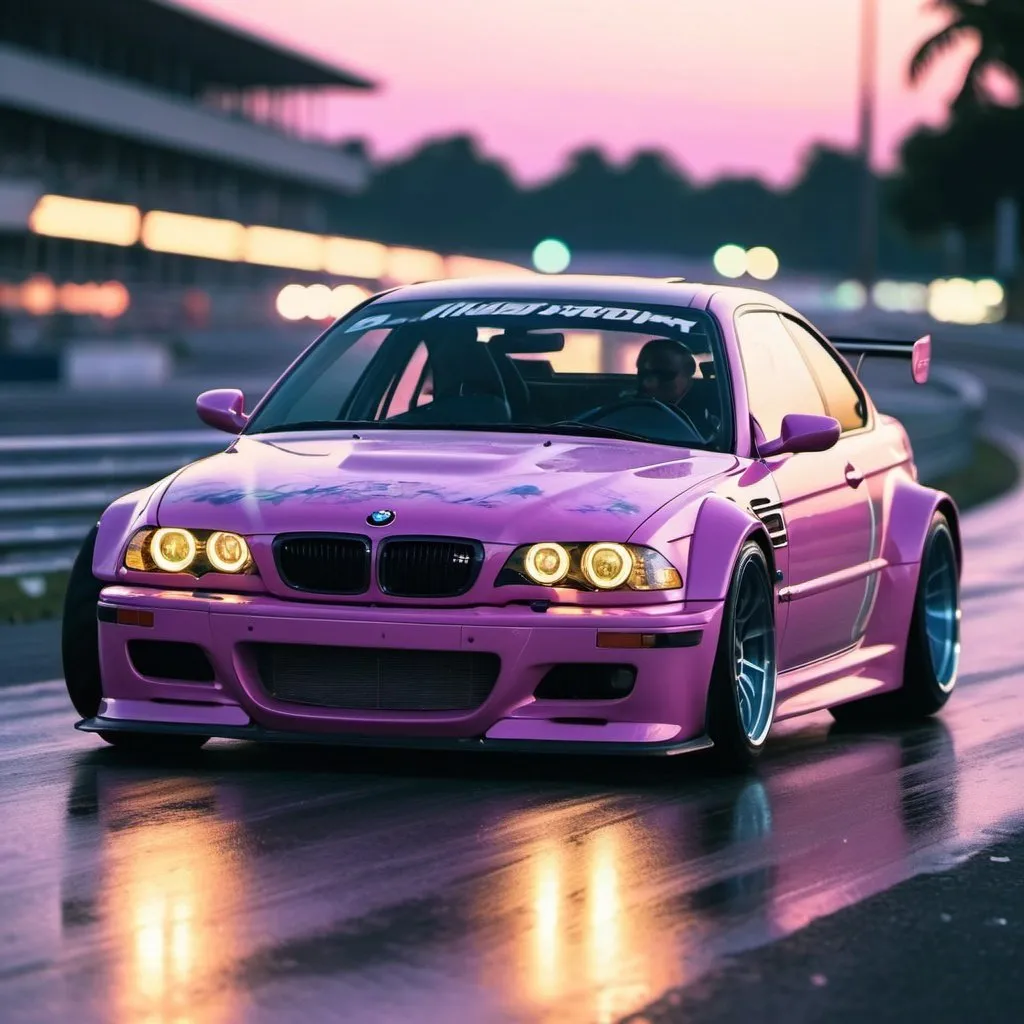 Prompt: 2001 BMW M3 E46 GTR, synthwave, aesthetic cyberpunk, miami, highway, dusk, neon lights, coastal highway, dusk, neon lights, coastal highway, sunset, drift, nurburgring, water on the road, blade runner, 64k, watercolor, macro sharp focus, 8, hyper realistic, cinematic, highly detailed, photoraelistic, clean, formula drift, burnout