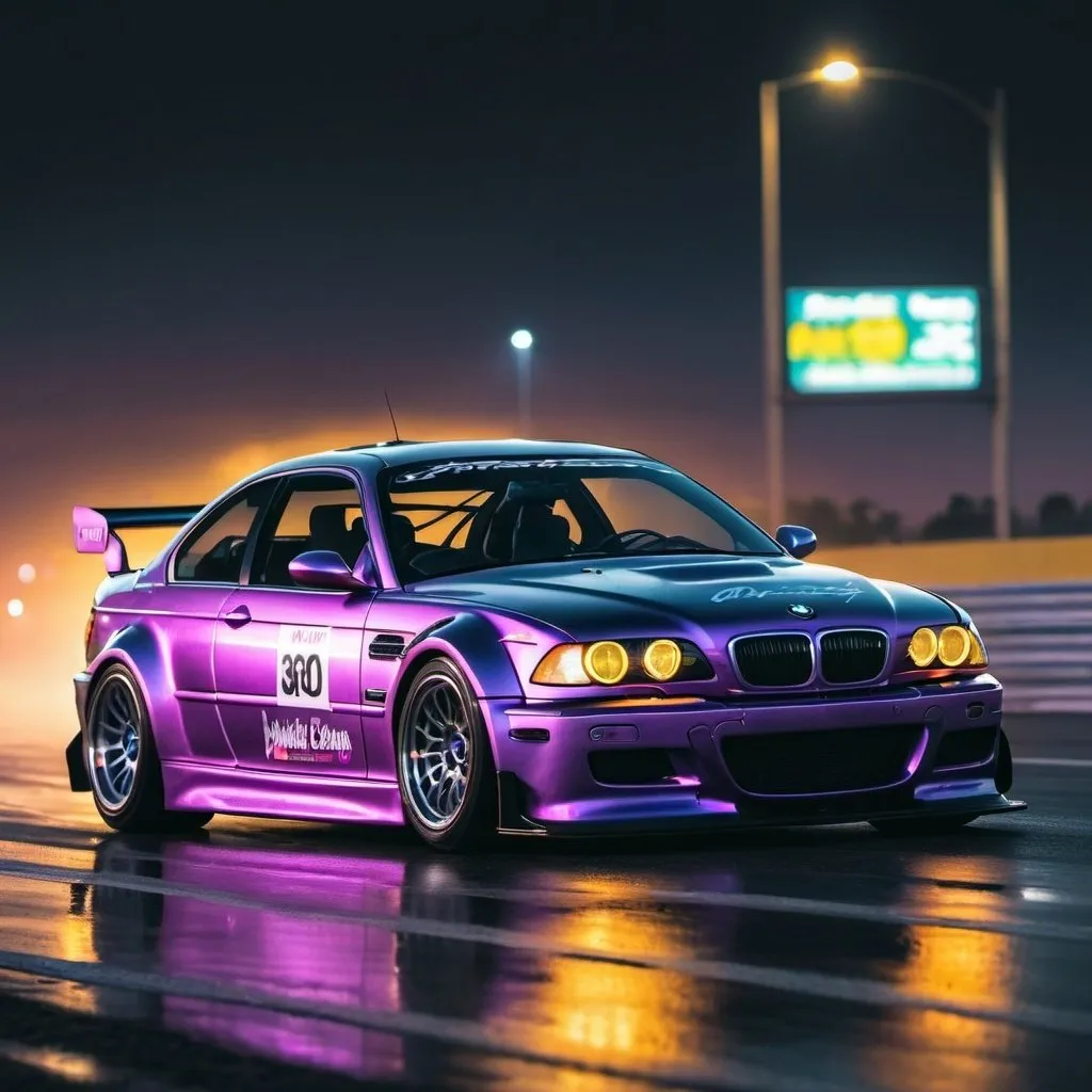 Prompt: 2001 BMW M3 E46 GTR, synthwave, aesthetic cyberpunk, miami, highway, dusk, neon lights, coastal highway, dusk, neon lights, coastal highway, sunset, drift, nurburgring, water on the road, blade runner, 64k, watercolor, macro sharp focus, 8, hyper realistic, cinematic, highly detailed, photoraelistic, clean, formula drift, burnout