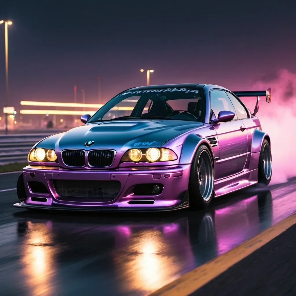 Prompt: 2001 BMW M3 E46 GTR, synthwave, aesthetic cyberpunk, miami, highway, dusk, neon lights, coastal highway, dusk, neon lights, coastal highway, sunset, drift, nurburgring, water on the road, blade runner, 64k, watercolor, macro sharp focus, 8, hyper realistic, cinematic, highly detailed, photoraelistic, clean, formula drift, burnout