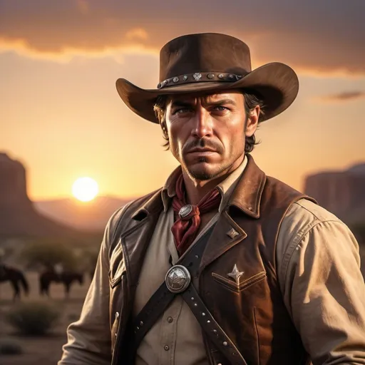 Prompt: a super heroe of the wild west saving lost cowboys, sunset, macro sharp focus, 8, hyper realistic, cinematic, highly detailed, photoraelistic, clean
