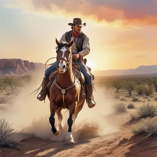 Prompt: a rider of the wild west riding his horse to save lost cowboys, sideways(going towards left), thunder, sunset, macro sharp focus, 8, hyper realistic, cinematic, highly detailed, photoraelistic, clean, 64k, watercolor, texas, california