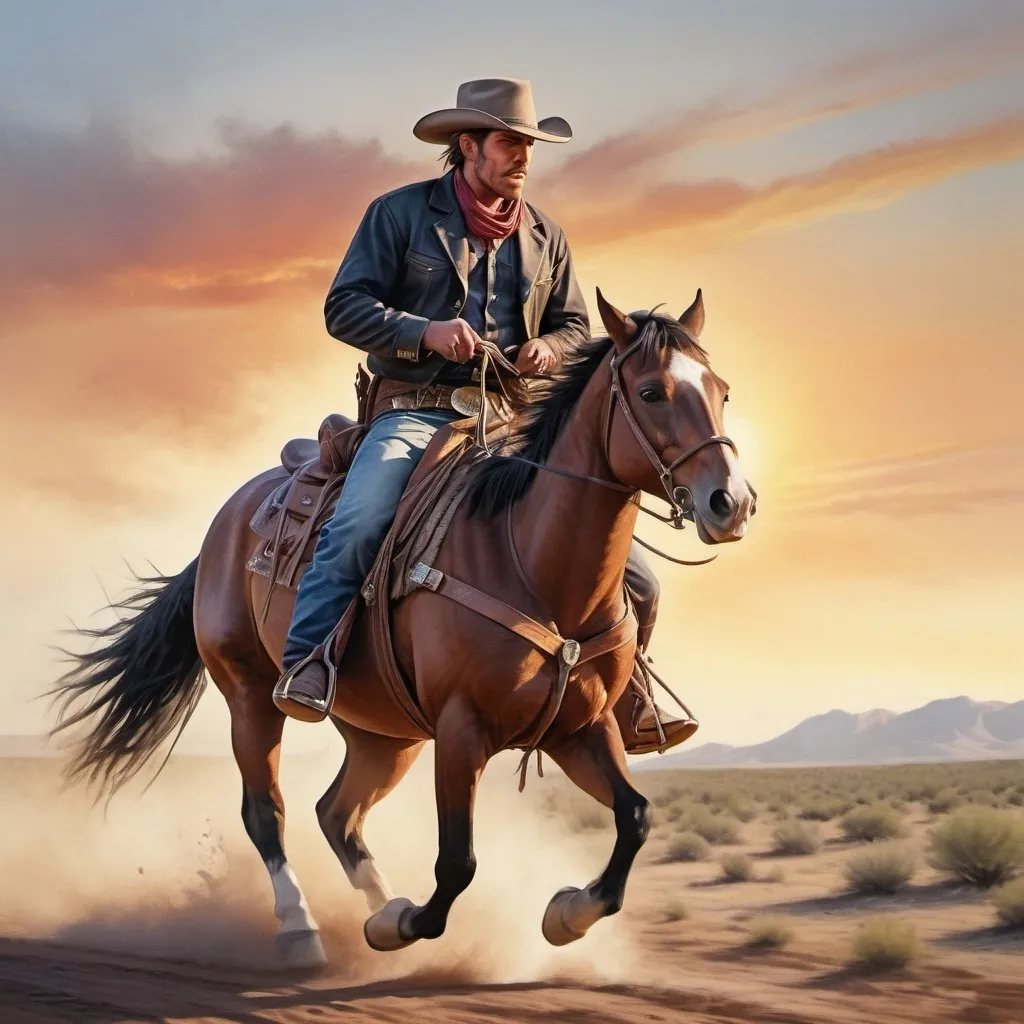 Prompt: a rider of the wild west riding his horse to save lost cowboys, sideways(going towards left), thunder, sunset, macro sharp focus, 8, hyper realistic, cinematic, highly detailed, photoraelistic, clean, 64k, watercolor, texas, california, speed, micro sharp focus