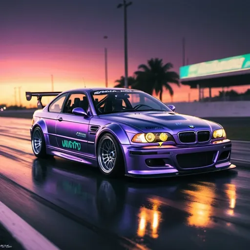 Prompt: 2001 BMW M3 E46 GTR, synthwave, aesthetic cyberpunk, miami, highway, dusk, neon lights, coastal highway, dusk, neon lights, coastal highway, sunset, drift, nurburgring, water on the road, blade runner, 64k, watercolor, macro sharp focus, 8, hyper realistic, cinematic, highly detailed, photoraelistic, clean, formula drift, burnout