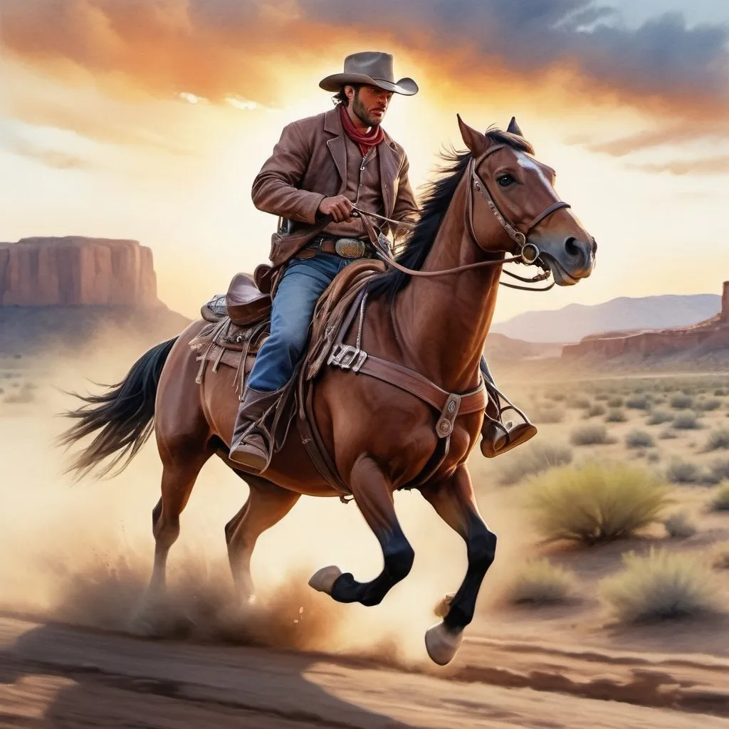 Prompt: a rider of the wild west riding his horse to save lost cowboys, sideways(going towards left), thunder, sunset, macro sharp focus, 8, hyper realistic, cinematic, highly detailed, photoraelistic, clean, 64k, watercolor, texas, california, speed, micro sharp focus