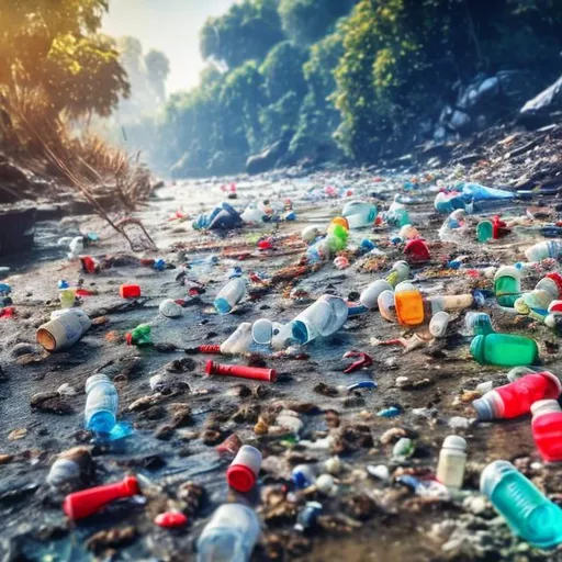 Prompt: extrimely polluted river with plastic botles, tons of bags and trash, hiperealistic, in the wild, waste water, 64k,  macro sharp focus, 8, hyper realistic, cinematic, highly detailed, photoraelistic
