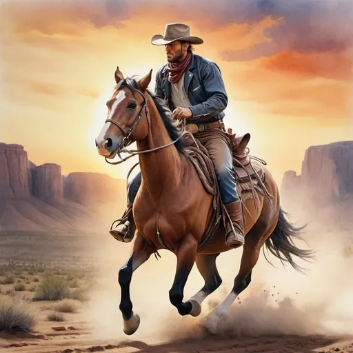 Prompt: a rider of the wild west riding his horse to save lost cowboys, sideways(going towards left), thunder, sunset, macro sharp focus, 8, hyper realistic, cinematic, highly detailed, photoraelistic, clean, 64k, watercolor