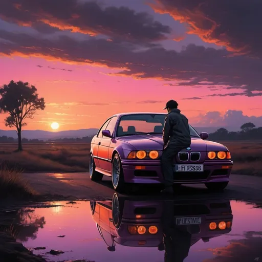 Prompt: The image depicts a nostalgic scene set during a breathtaking sunset, with deep, vibrant hues of orange, purple, and pink dominating the sky. The clouds are thick and dramatic, capturing the light of the setting sun, which appears low on the horizon, partially obscured by the landscape in the distance.

In the foreground, there's a vintage BMW E36 car, beautifully detailed with reflections of the sunset on its sleek, polished surface. The car's headlights are glowing, casting a warm, inviting light. The license plate is marked with the number "MH-FJ 2688," adding a touch of realism to the scene. 

A lone figure, possibly reflecting or enjoying the view, is sitting casually on the hood of the car, silhouetted against the vibrant sky. The ground beneath is wet, creating a mirror-like reflection that enhances the surreal, almost dreamlike quality of the image.

The artistic style is highly realistic, yet infused with a sense of romanticism and nostalgia. The use of lighting and color is reminiscent of traditional oil paintings, with rich textures and a focus on atmosphere and emotion. The overall mood of the image is serene and contemplative, capturing a moment of quiet reflection at the close of the day.

Cyberpunk, drawing style

a man sitting outside contemplating life(shadow(siluet man)(light from infront))