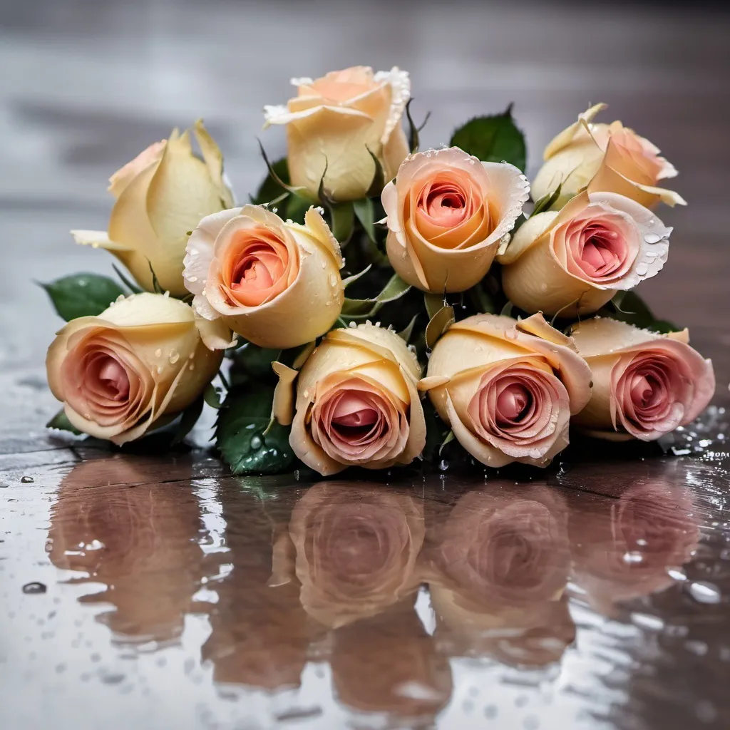 Prompt: bouquet of roses on the floor with water because of rain, 64 macro, emotional