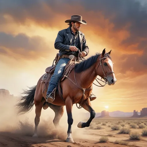 Prompt: a rider of the wild west riding his horse to save lost cowboys, , sideways, thunder, sunset, macro sharp focus, 8, hyper realistic, cinematic, highly detailed, photoraelistic, clean, 64k, watercolor