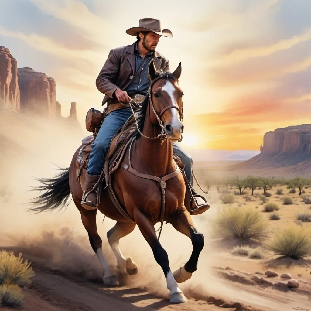 Prompt: a rider of the wild west riding his horse to save lost cowboys, sideways(going towards left), thunder, sunset, macro sharp focus, 8, hyper realistic, cinematic, highly detailed, photoraelistic, clean, 64k, watercolor