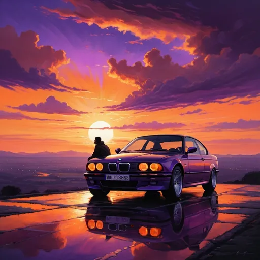 Prompt: sunset and a man siting on top of his car(bmw) 
(no plates)

shadow lighting
